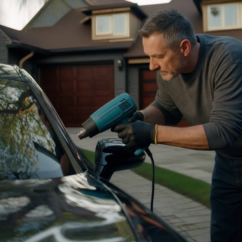 Man restoring vehicle plastics in driveway with heat gun